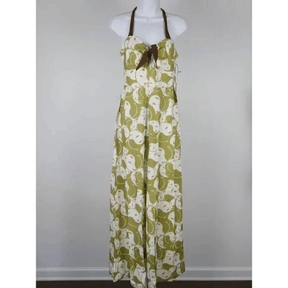 Unique Vintage x Smiley® Green Yin Yang Print Halter Wide Leg Jumpsuit L - Picture 4 of 7